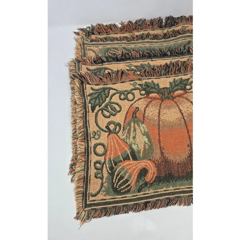 Vtg tapestry Autumn pumpkin placemats Thanksgiving harvest woven table linens